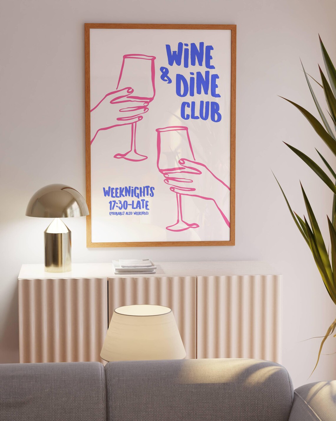 Wine and Dine Club Fun Pink Blue Line Art Weeknight Party Poster - Image 4