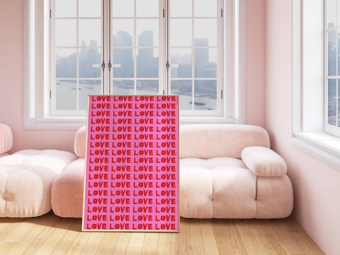 Love Repeated Typography Pattern Bold Red Pink Playful Art Poster