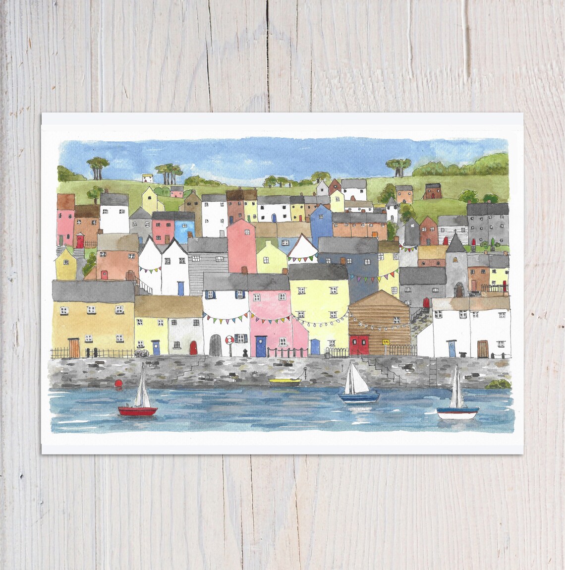 Colourful Harbourside Watercolour Print with Boats and Seaside Houses
