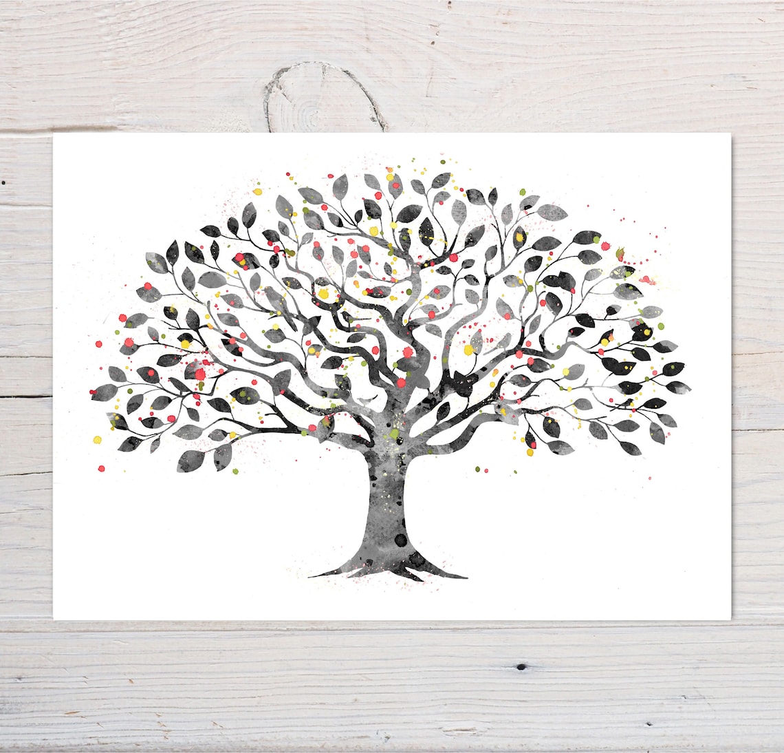 Black and White Tree With Red Berries Autumn Watercolour Art Print