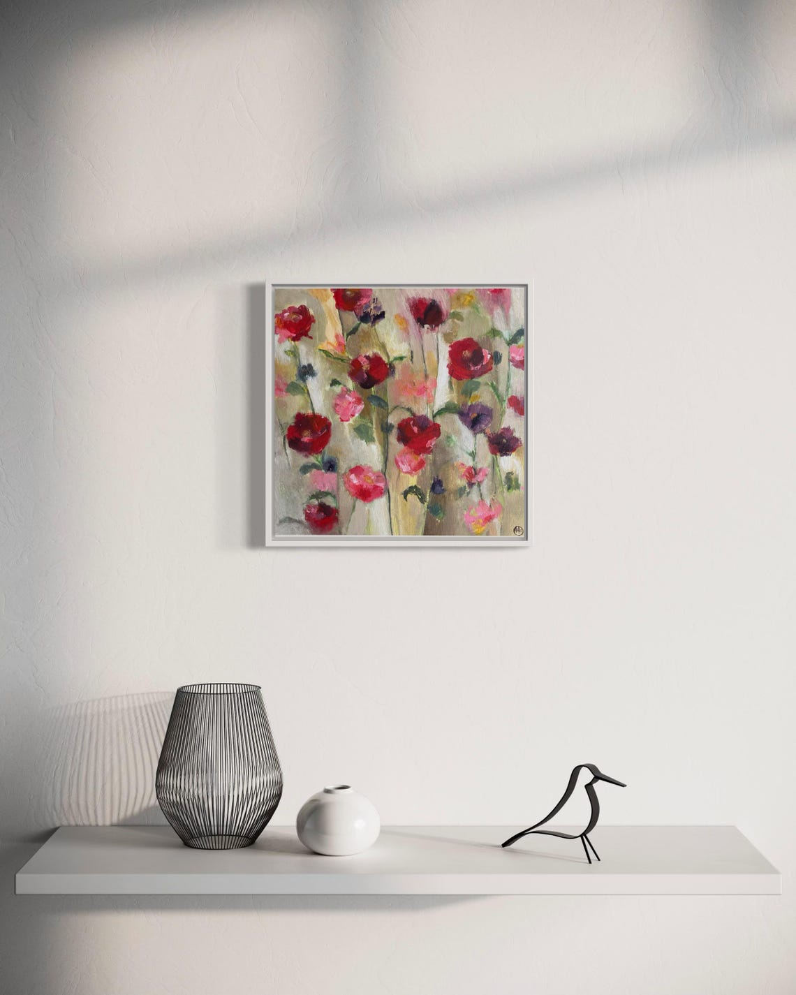 Red and Pink Wildflower Meadow Acrylic Painting Botanical Wall Art