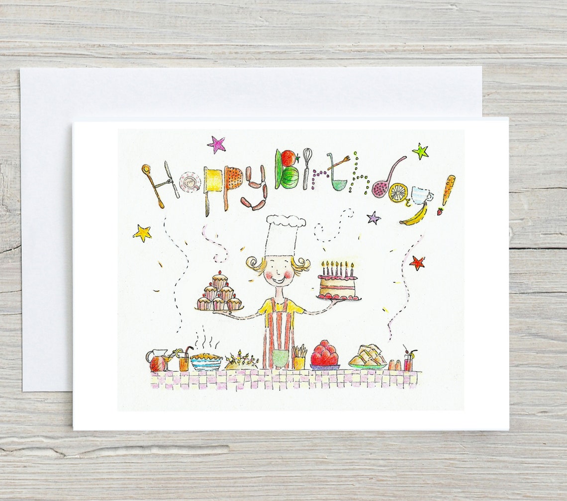 Happy Birthday Chef Greeting Card Print with Baking Illustrations
