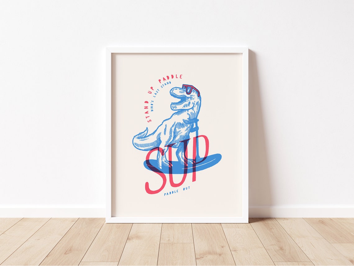 Cool Stand Up Paddle Blue Dino T Rex Beach Surf Humor Poster - Image 2