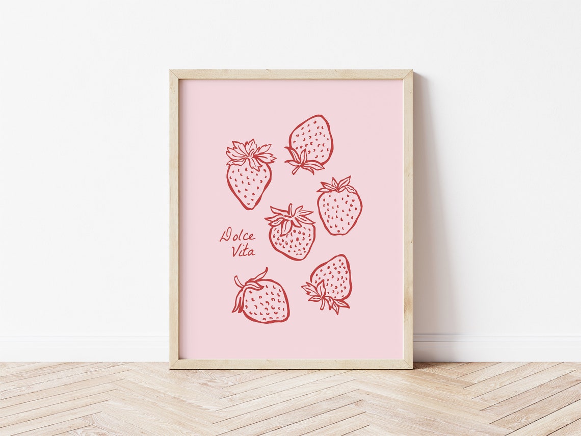 Dolce Vita Red Strawberry Line Art Pink Retro Kitchen Poster - Image 2