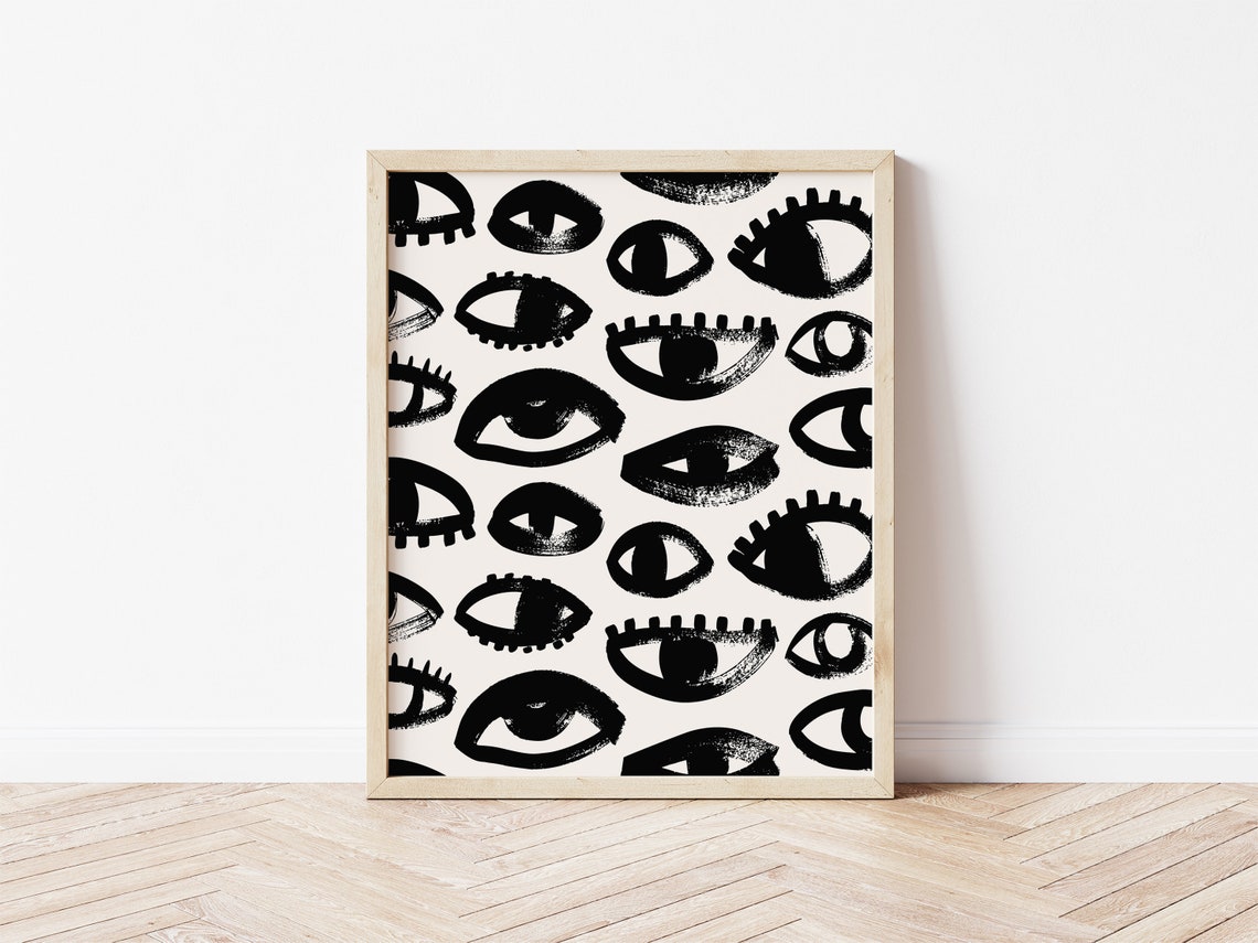 Black and Cream Eyes Doodle Pattern Bold Minimalist Art Print - Image 2