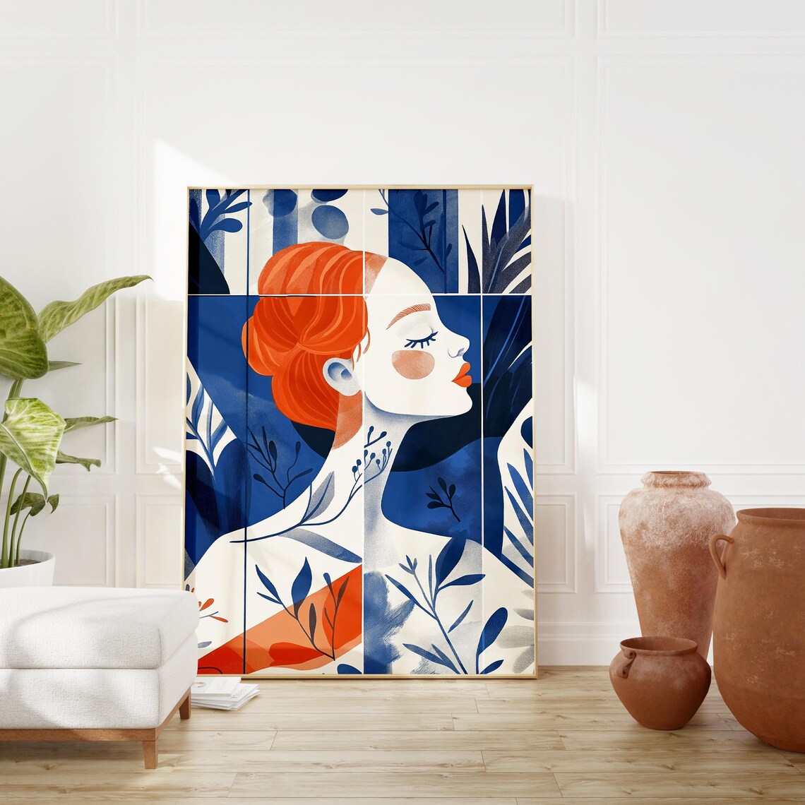 Abstract Red Haired Girl Portrait, Geometric Botanical Art Print