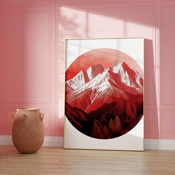 Red Mountain Landscape Art Print Abstract Geometric Poster