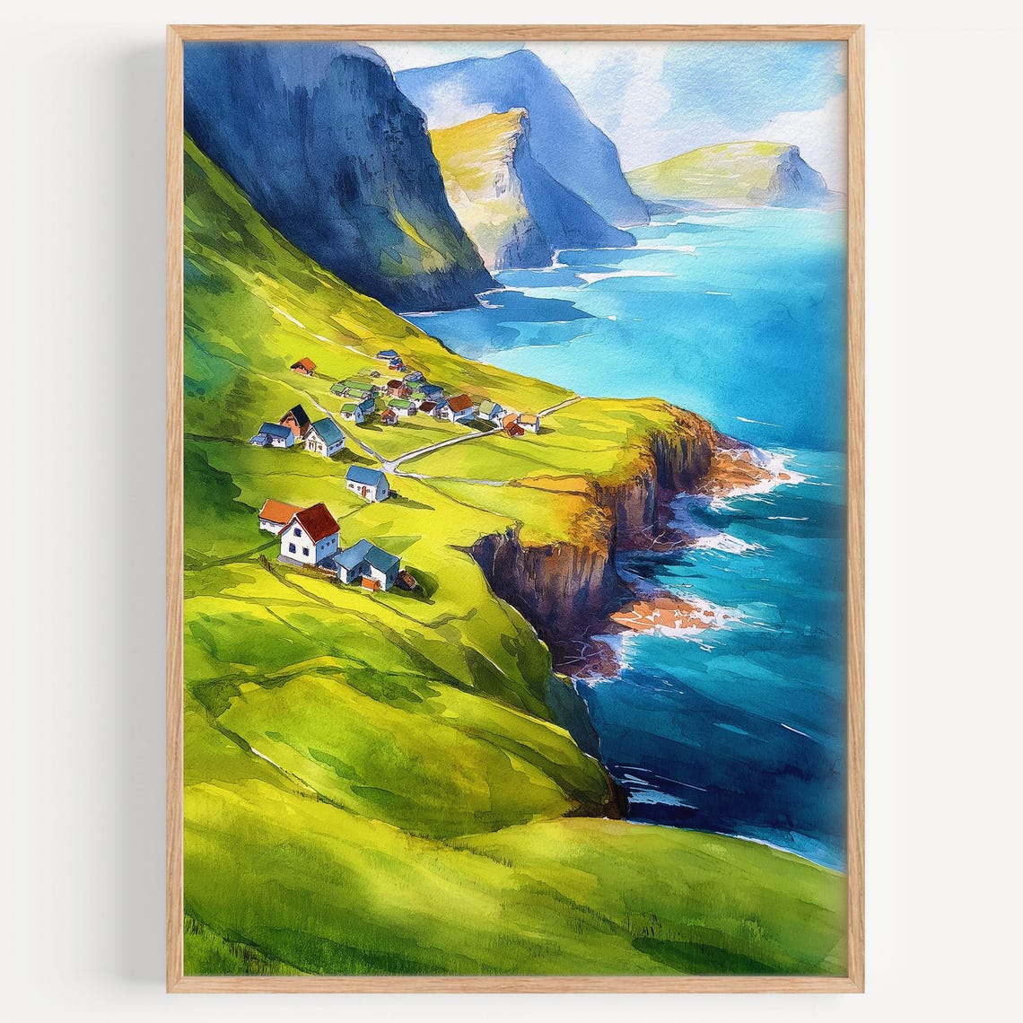 Dramatic Nordic Green Cliffs Coastal Village Watercolor Poster