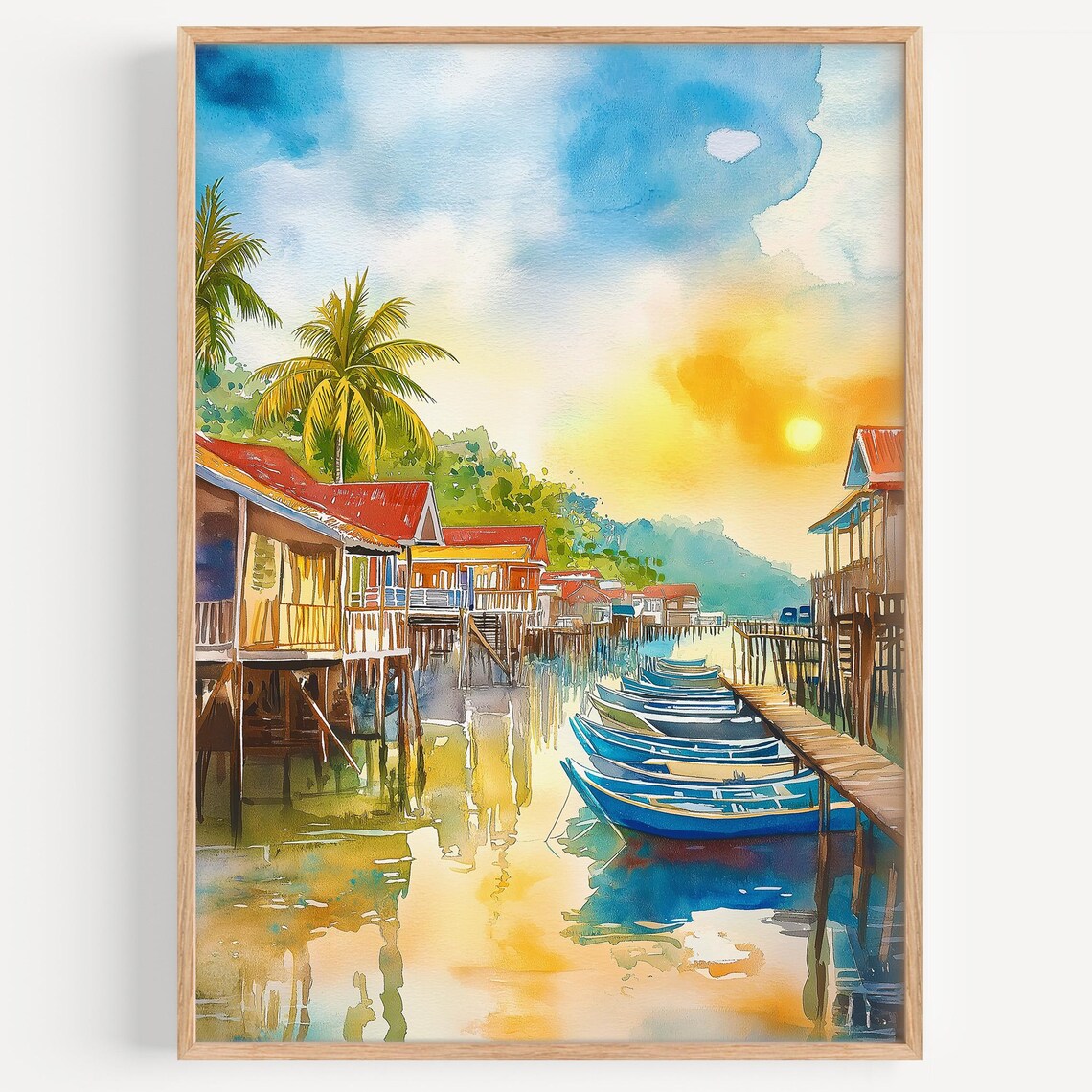Tropical Stilt House Fishing Village Sunset Watercolor Travel Poster