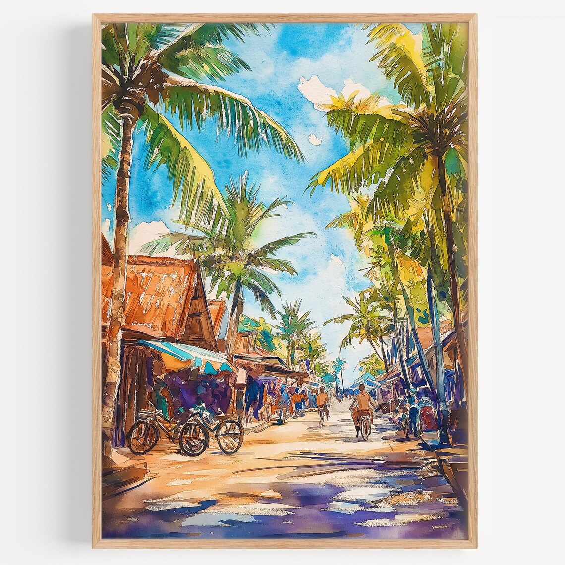 Seminyak Bali Watercolor Tropical Palm Street Market Travel Poster