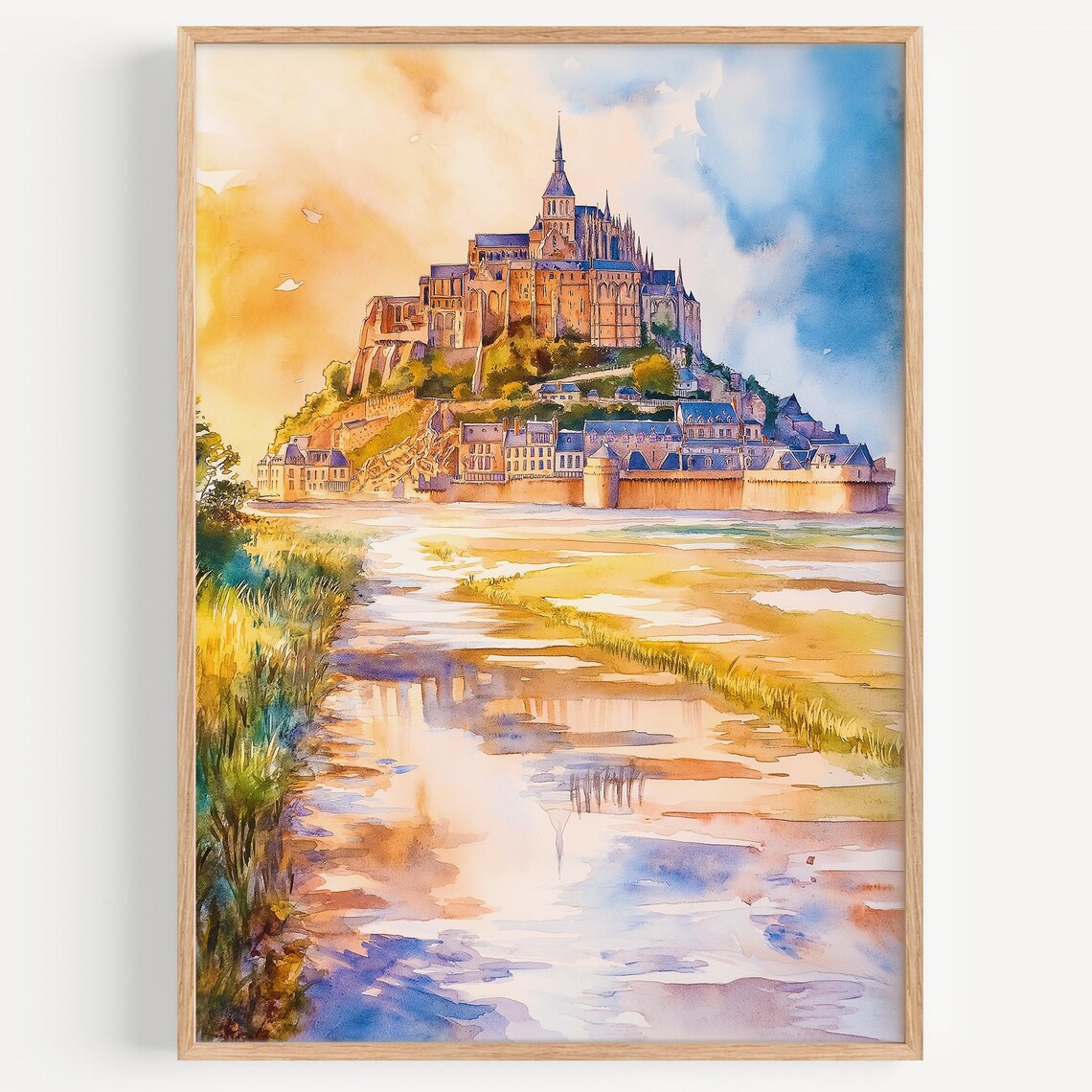 Mont Saint Michel Abbey Island Watercolor Sunset Reflection France Poster