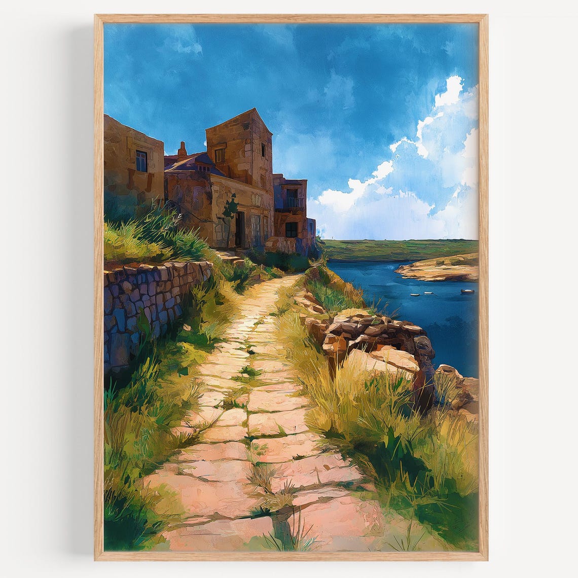 Comino Malta Coastal Path Stone Village Sea Watercolor Poster