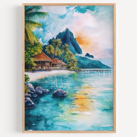 Tahiti Watercolor Painting Wall Art Print Poster Travel Decor Illustration Home