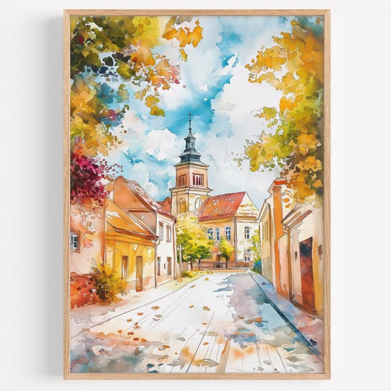Kaunas Watercolor Painting Wall Art Print Travel Poster Lithuania Decor Illustration Home