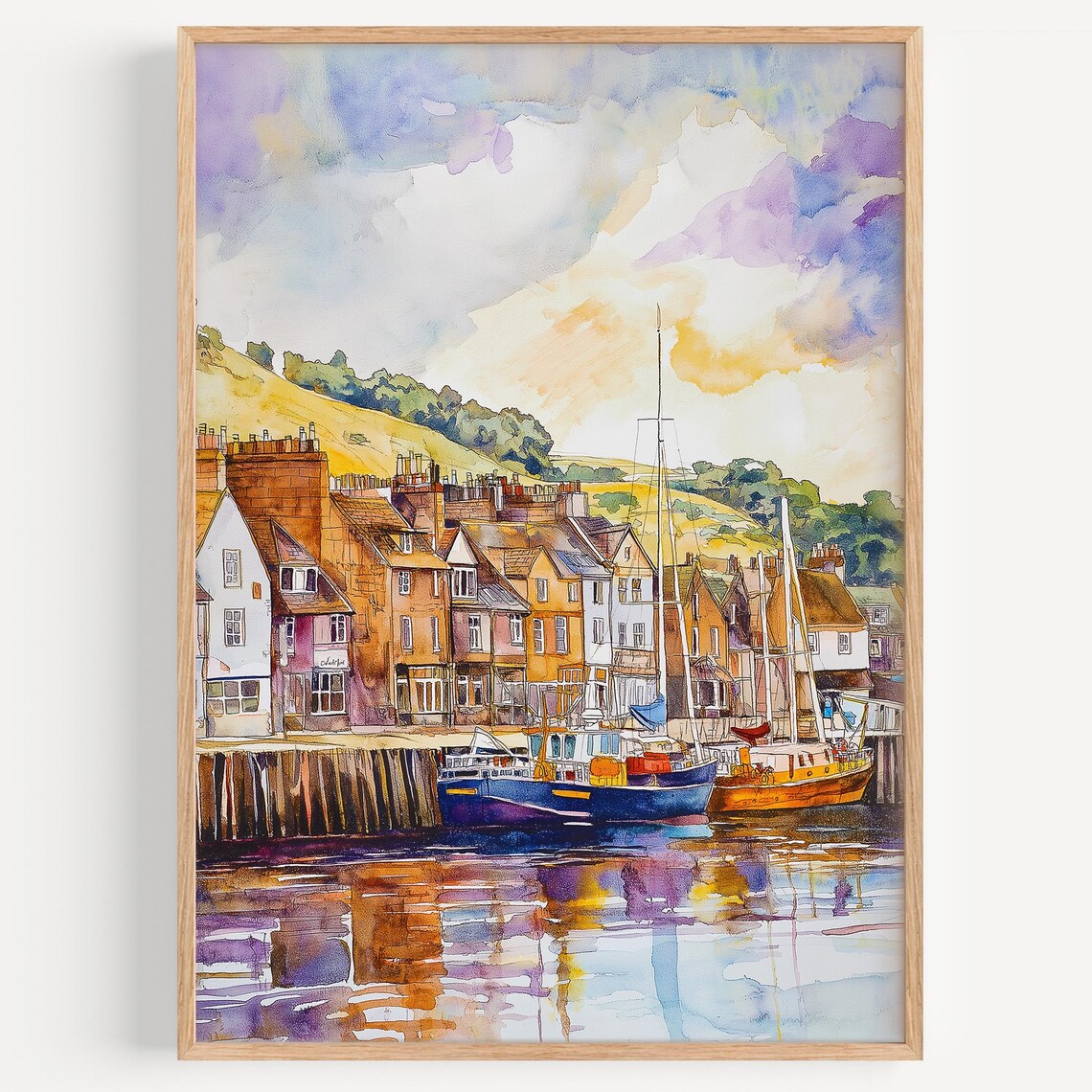 Dundee Harbor Boats Stone Buildings Watercolor Coastal Travel Poster