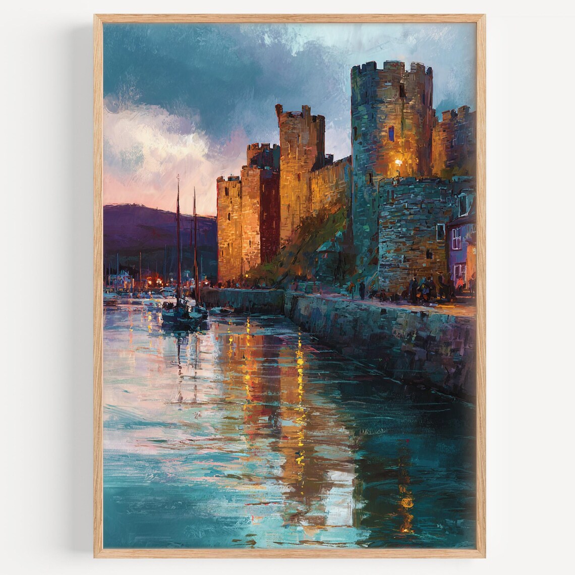 Conwy Castle Watercolor Sunset Harbor With Boats Wales UK Art Print