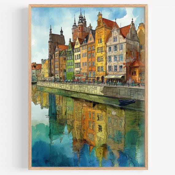 Gdansk Watercolor Painting Wall Art Print Travel Poster Poland Decor Illustration Home