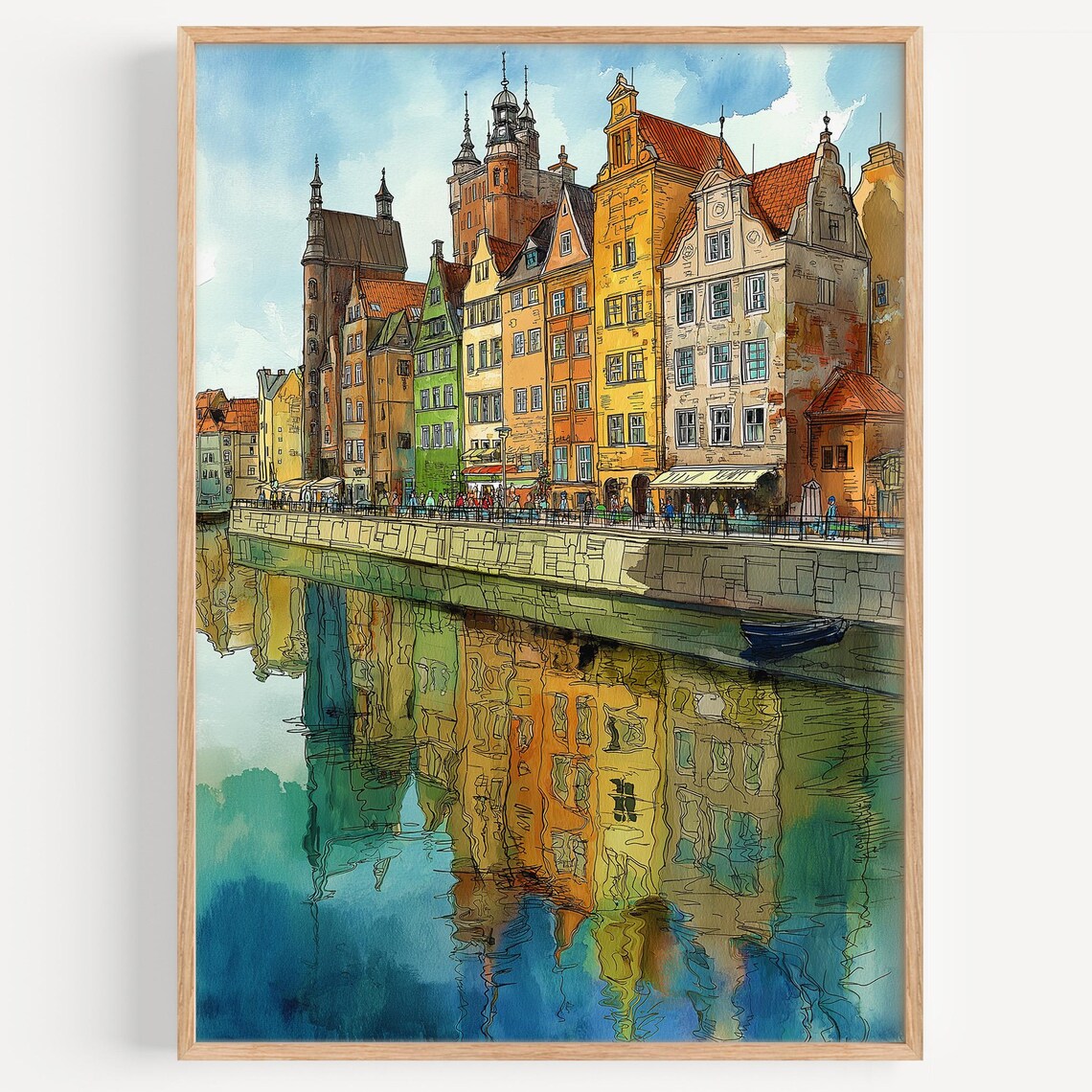 Gdansk Poland Watercolor Art Colorful Waterfront Houses River Scene Poster