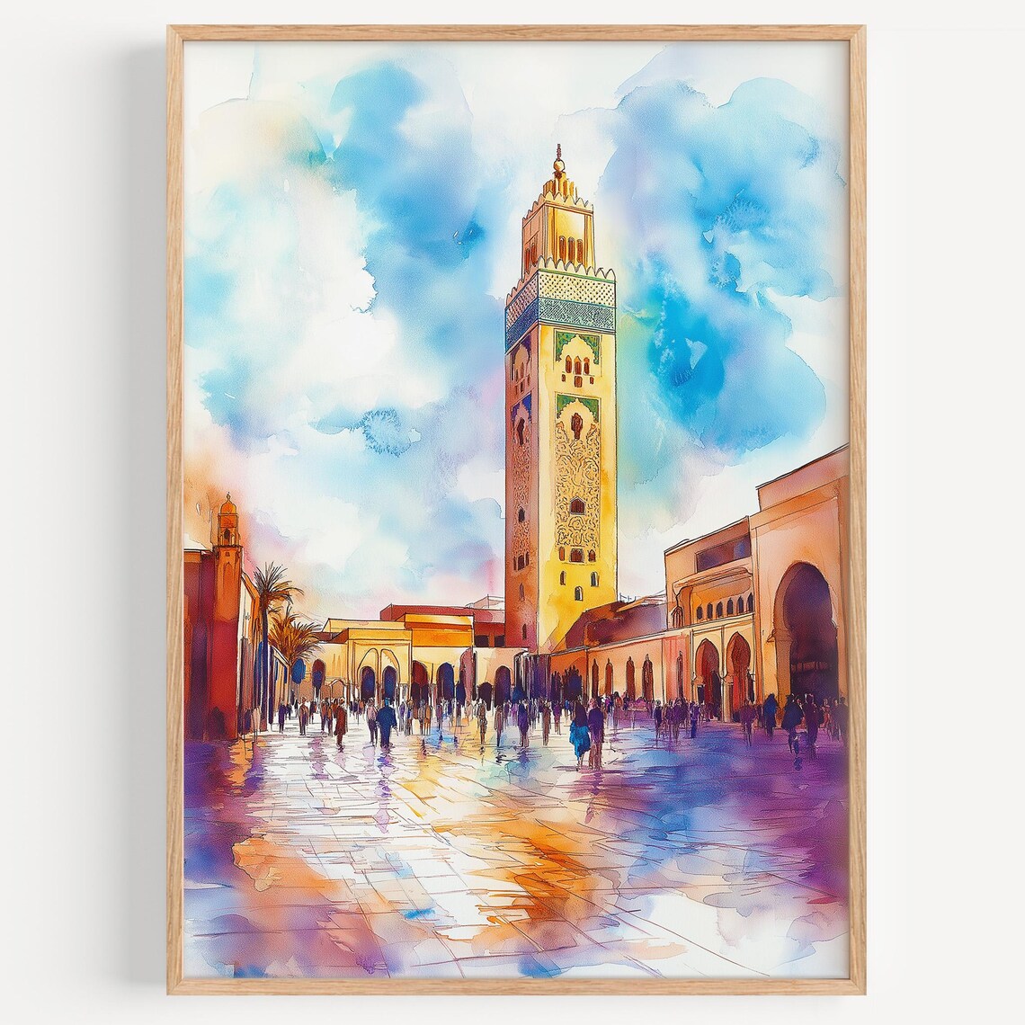 Hassan II Mosque Minaret Casablanca Morocco Vibrant Watercolor Travel Poster