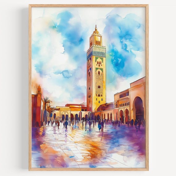 Casablanca Watercolor Painting Wall Art Print Poster Morocco Travel Decor Illustration Home