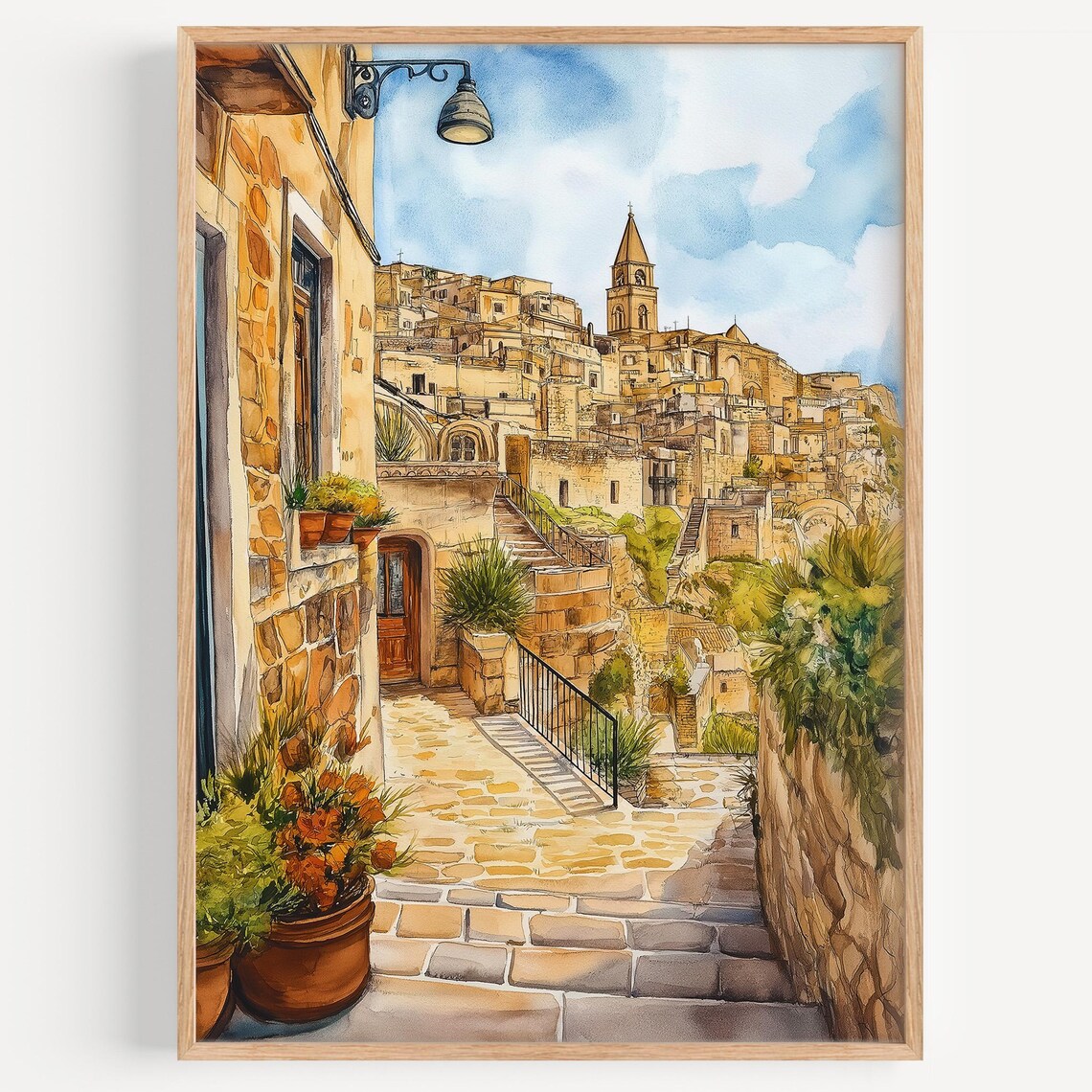 Matera Watercolor Painting Travel Poster, Italy Decor