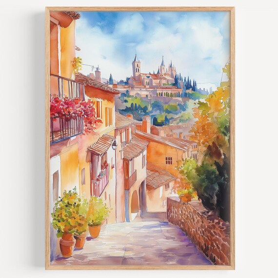 Segovia Watercolor Travel Poster, Spain Decor