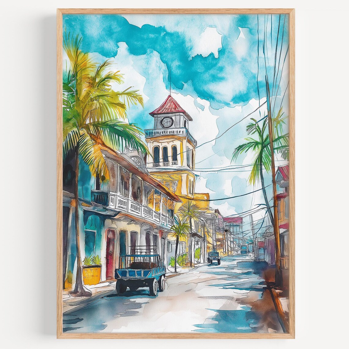 Iloilo City Street Watercolor Tropical Clock Tower Travel Poster