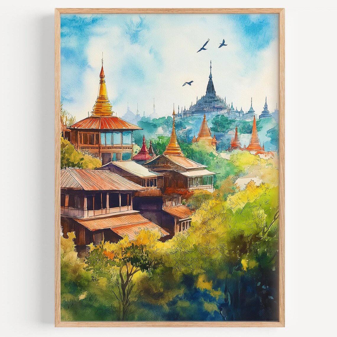 Mandalay Temples Watercolor Golden Stupas Burma Travel Poster