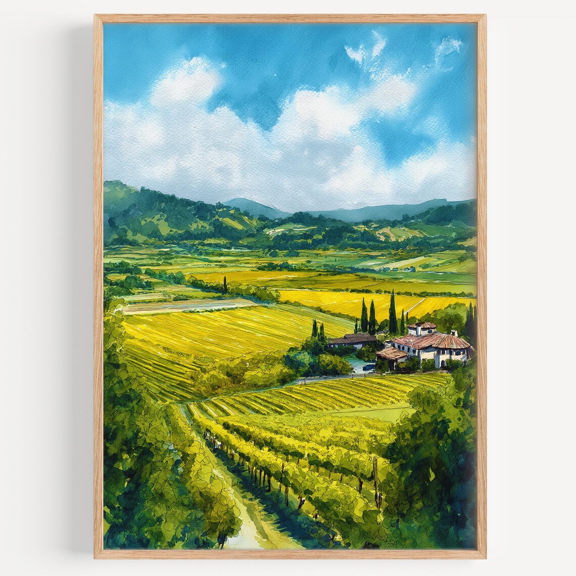 Napa Valley Vineyards Rolling Hills And Villa Watercolor Landscape Poster