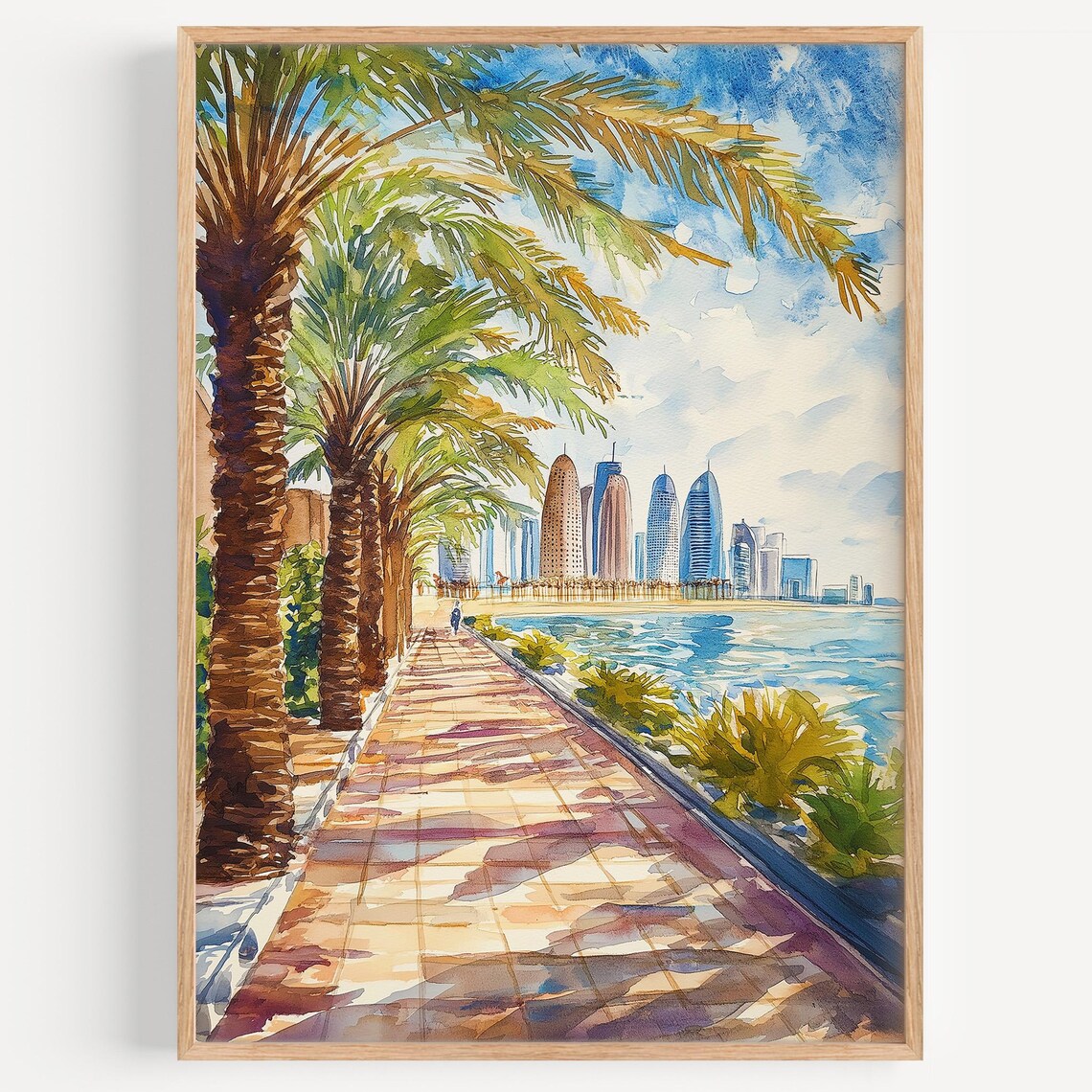 Doha Watercolor Painting Travel Poster, Qatar Decor