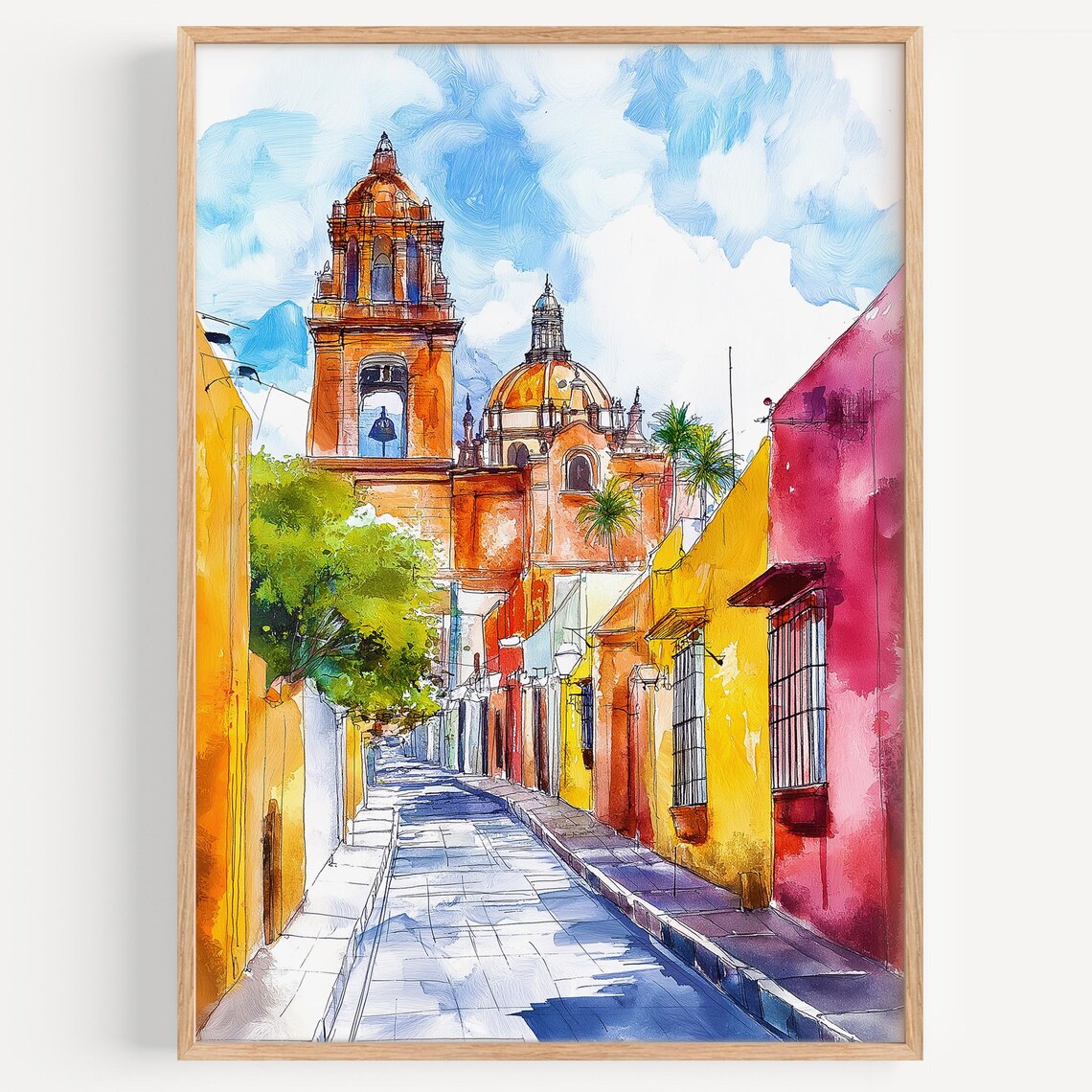 Colorful Colonial Cathedral Street Mexico Watercolor Travel Poster