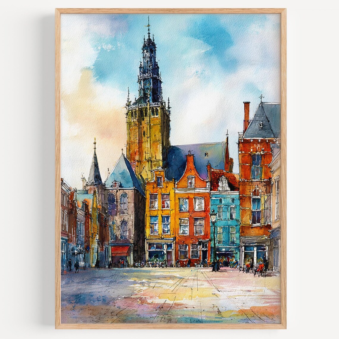 Delft Old Town Watercolor Church Tower Dutch Square Netherlands Print