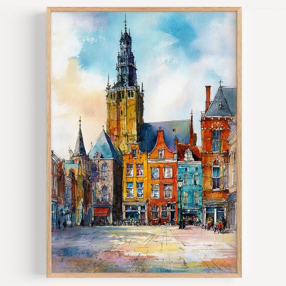 Delft Watercolor Painting Wall Art Print Dutch Travel Poster Netherlands Decor Illustration Home