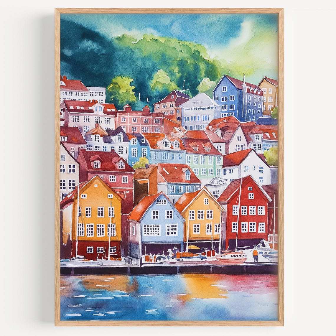 Bergen Norway Bryggen Wharf Colorful Waterfront Watercolor Poster