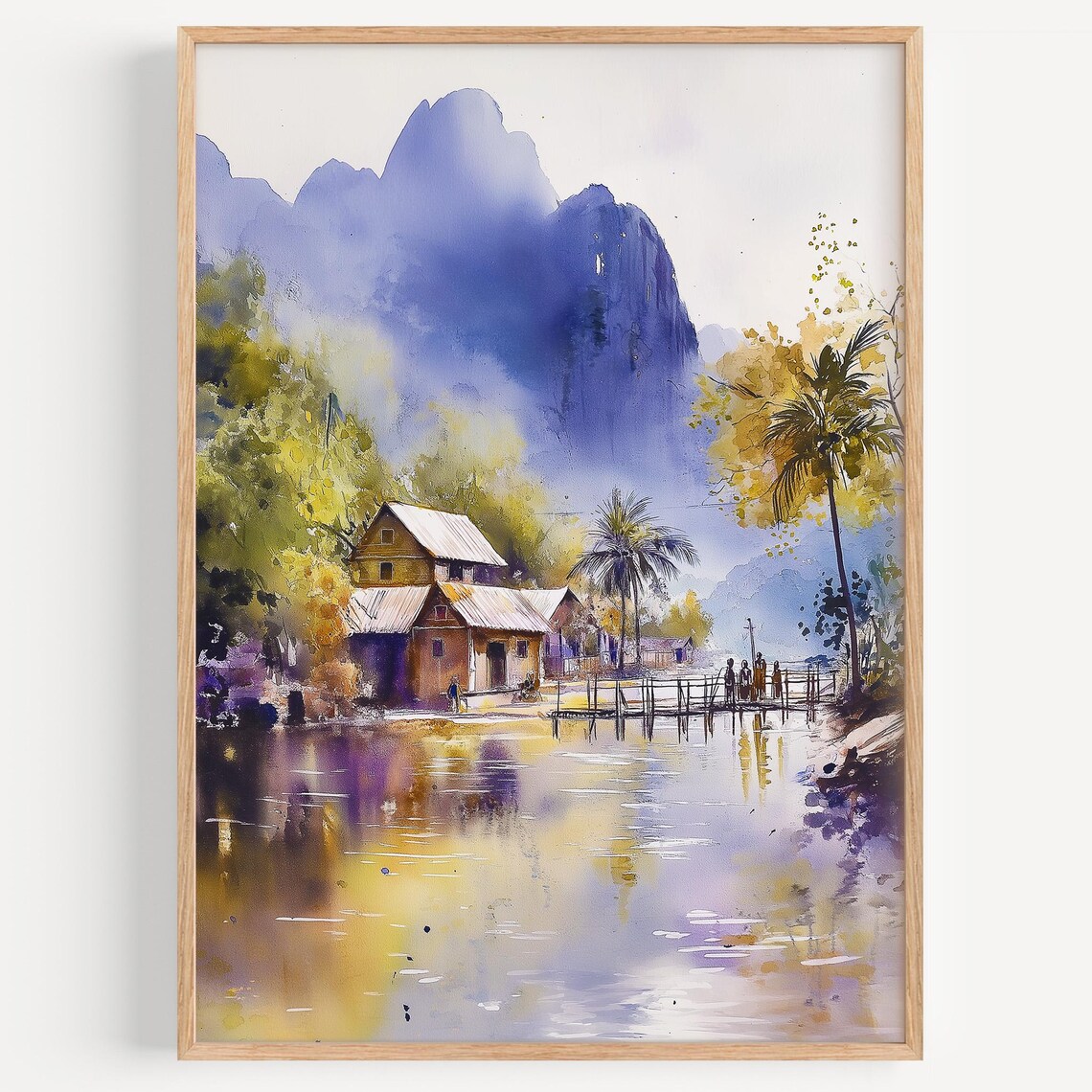 Vang Vieng Laos Karst Mountains River Village Watercolor Travel Art Poster