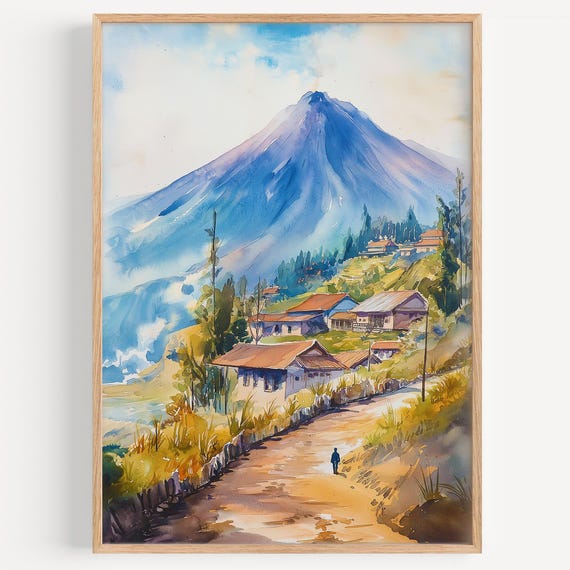 Mount Bromo Watercolor Painting Wall Art Print Indonesia Poster Travel Decor Illustration Home
