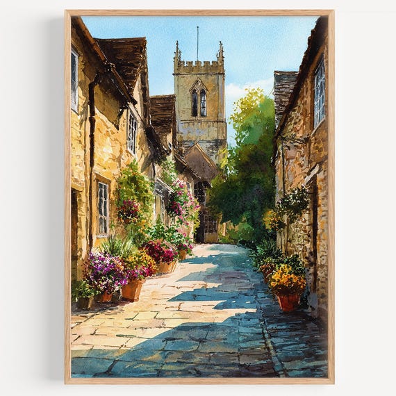 Lacock Watercolor Painting Wall Print Uk Travel Poster England British Decor Illustration Home