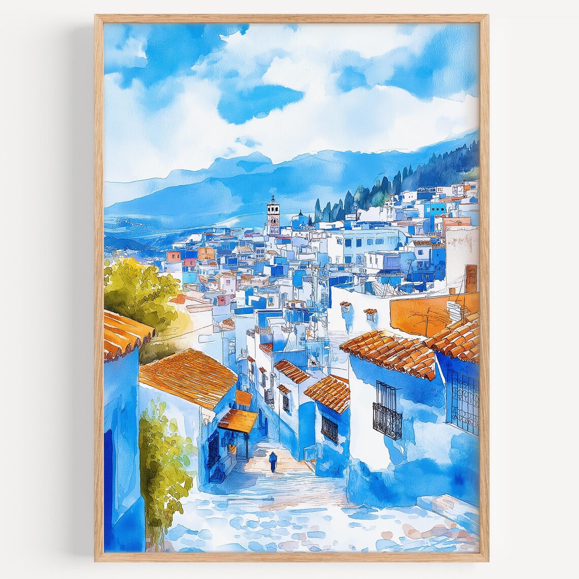 Chefchaouen Morocco Blue City Watercolor Street Travel Poster