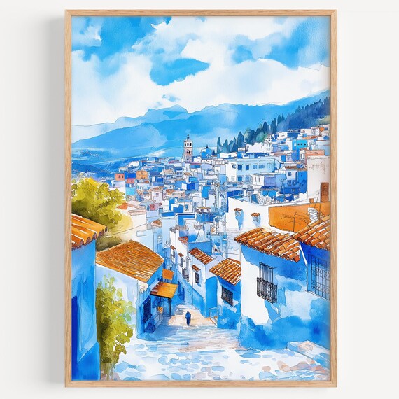Chefchaouen Morocco Blue City Watercolor Street Travel Poster