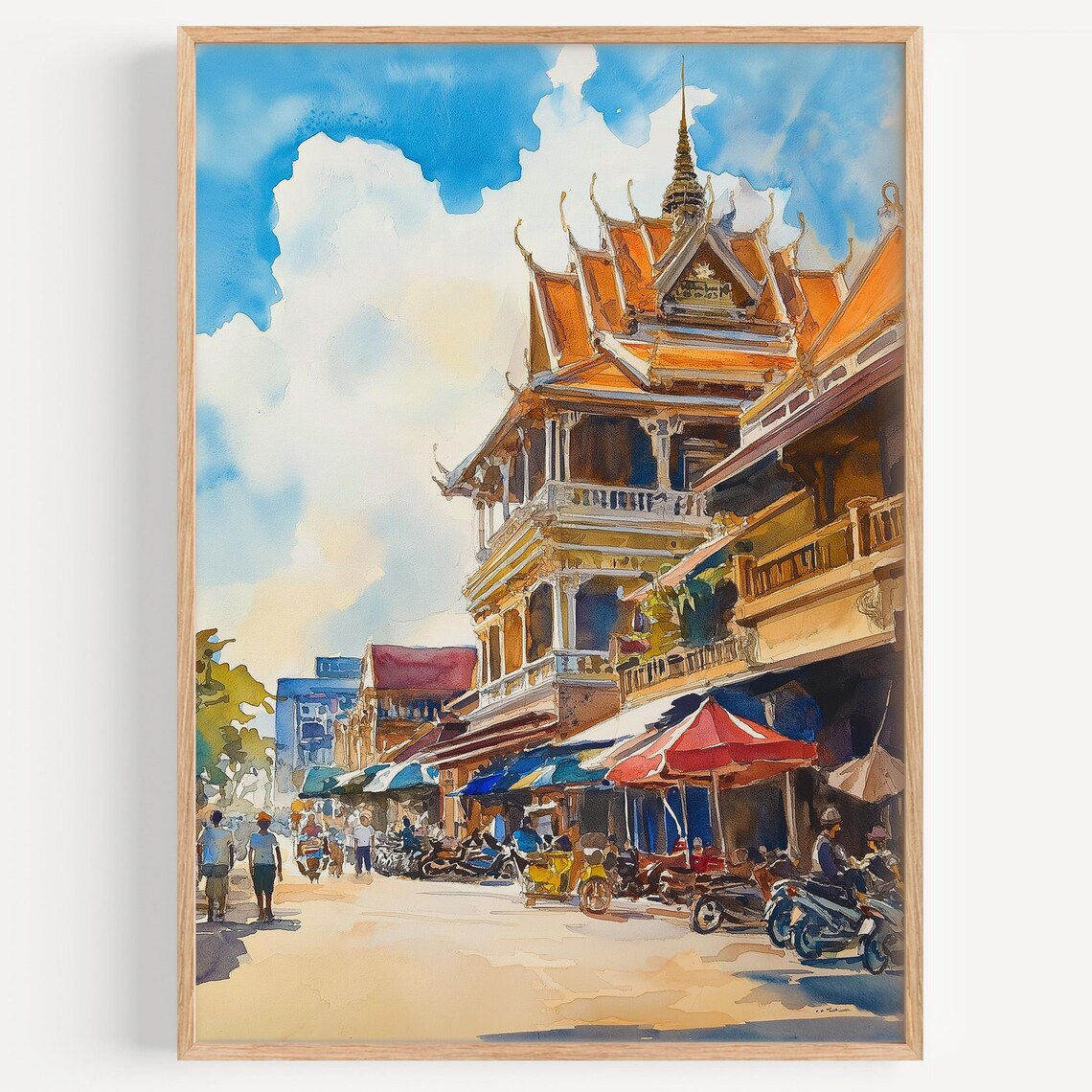 Phnom Penh Watercolor Travel Poster, Cambodia