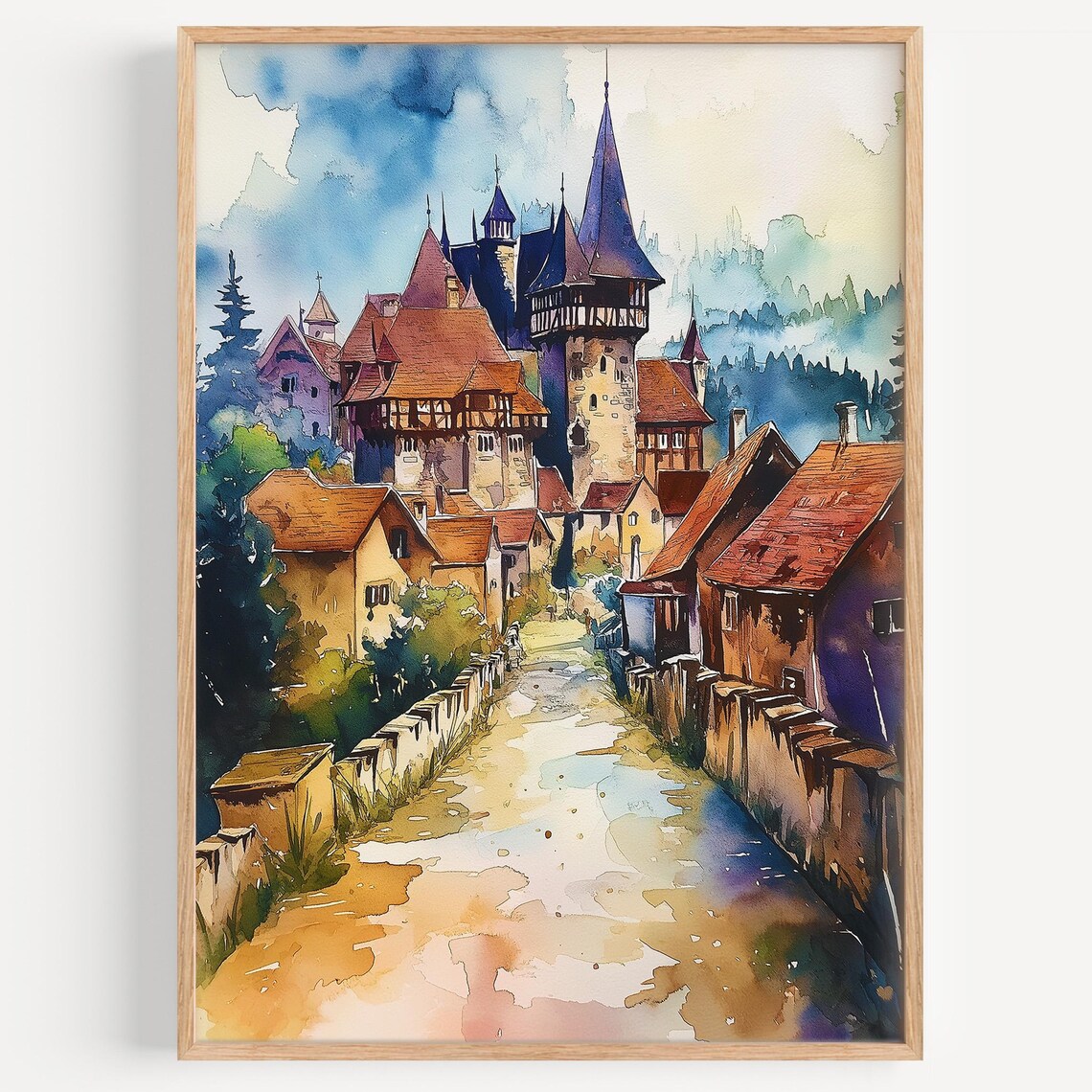 Transylvania Watercolor Painting, Romania Travel Poster