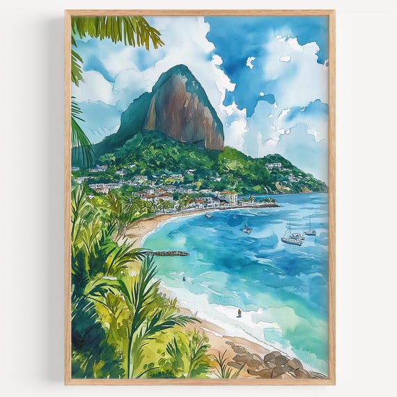 Saint Lucia Watercolor Painting Wall Art Print Poster Caribbean Travel Decor Illustration Home