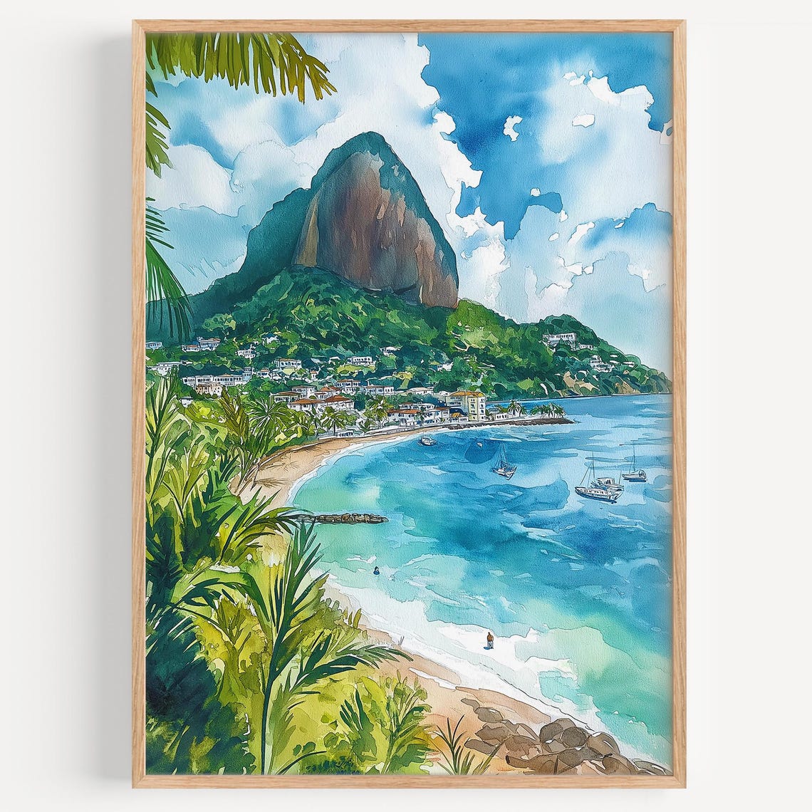 Saint Lucia Gros Piton Watercolor Beach Bay Tropical Art Poster