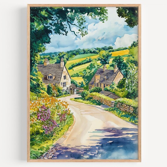 Cotswolds Watercolor Travel Poster, UK Illustration Decor