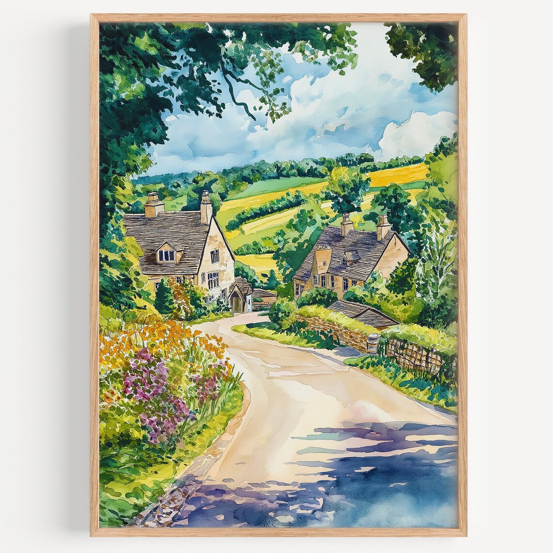 Cotswolds Watercolor Travel Poster, UK Illustration Decor