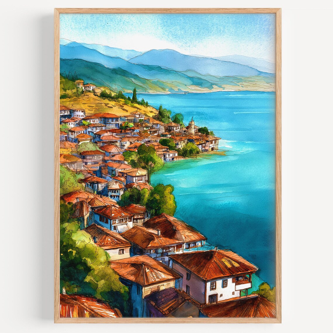 Ohrid Lake Old Town Red Roofs Macedonia Watercolor Travel Poster