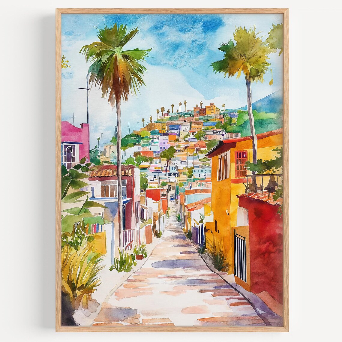 Tijuana Watercolor Poster Colorful Hillside Street Palm Trees
