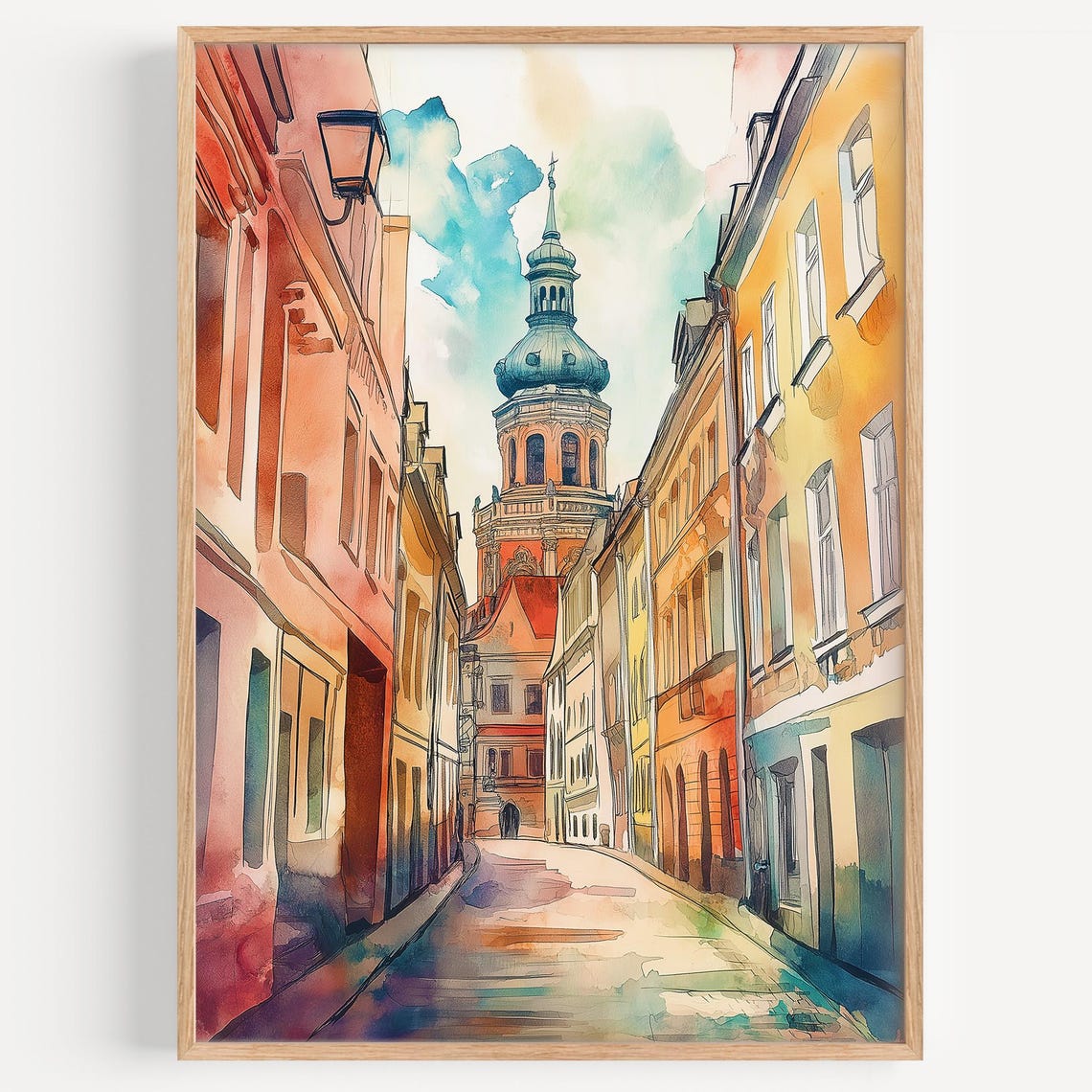 Riga Latvia Old Town Street Church Tower Watercolor Travel Poster