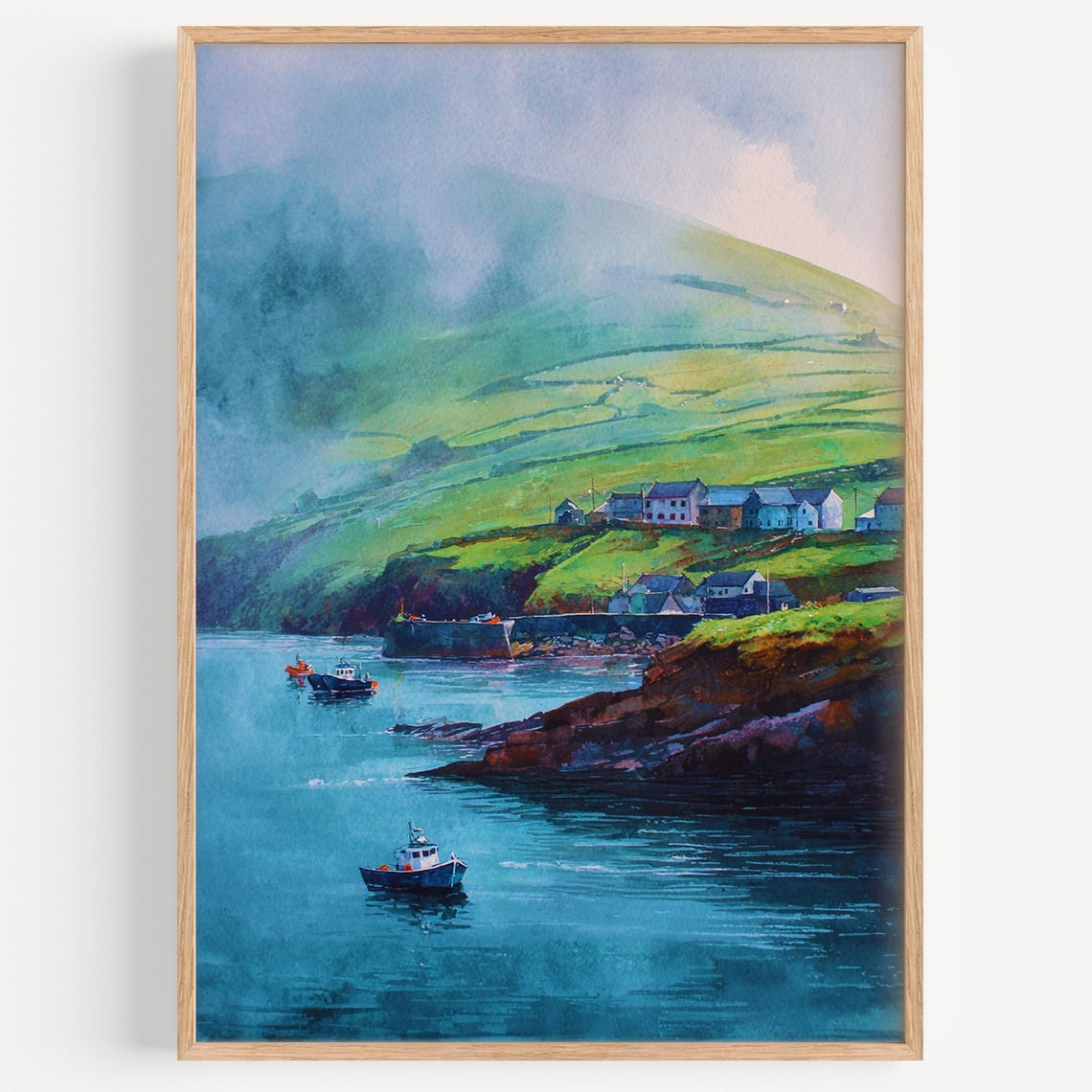 Dingle Peninsula Misty Harbor Watercolor Fishing Boats Ireland Print