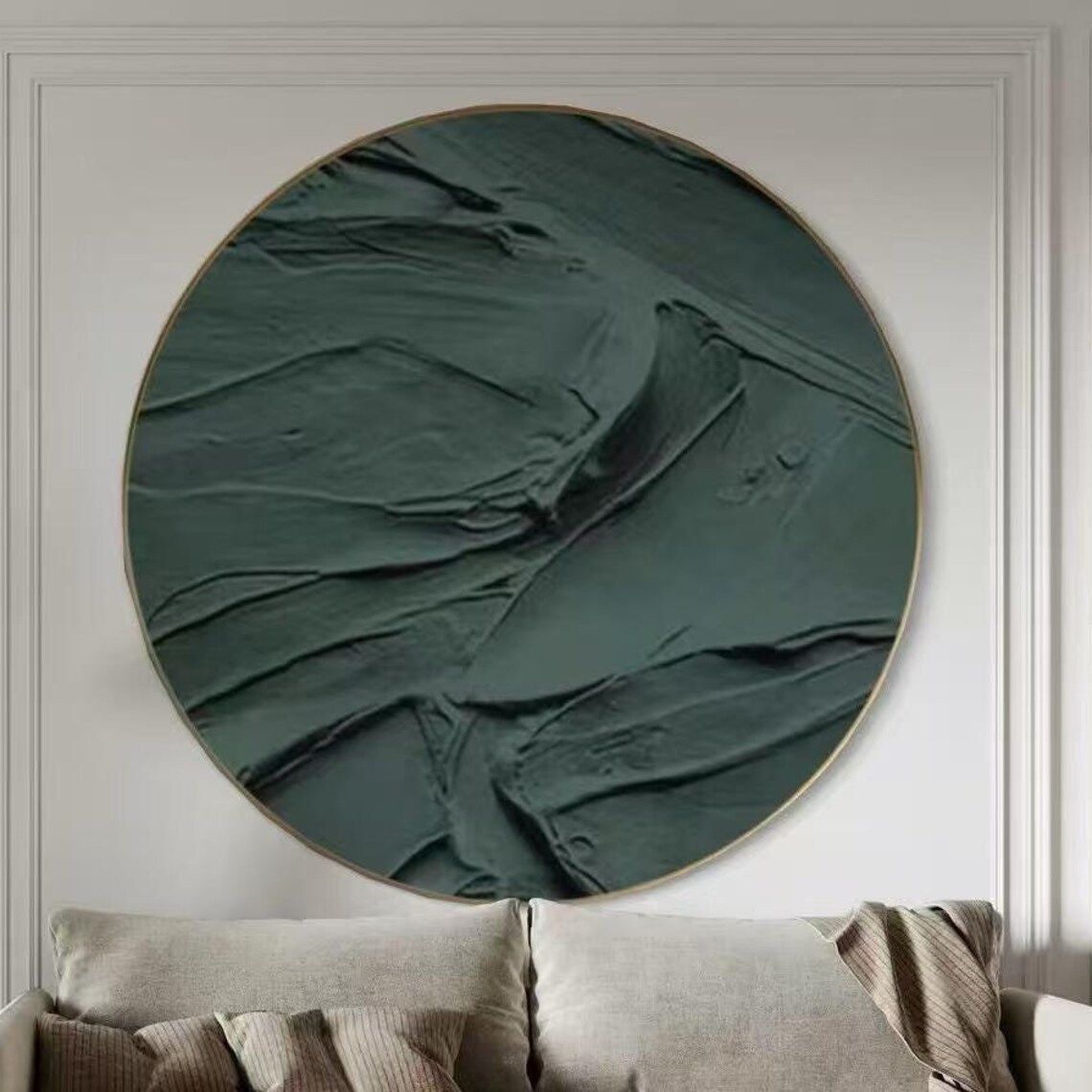 Circle Thick Textured Wall Art Green Tone Acrylic Painting Abstract Wall Decor For Living Home Hand Painted Brushstrokes Art On